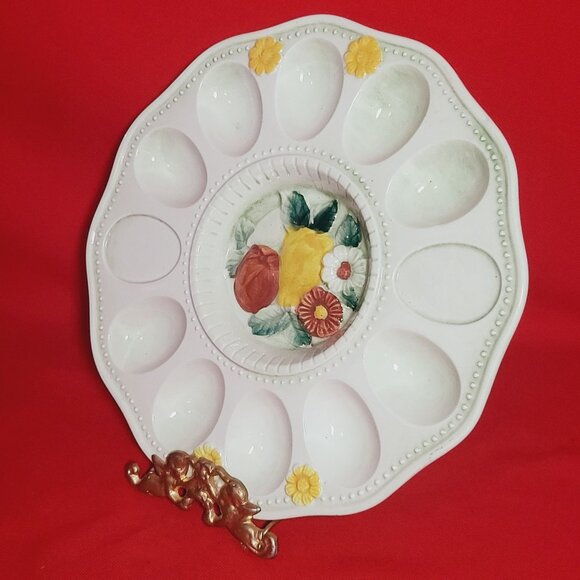 Deviled Egg Plate Serving Platter Tray Fruit Floral Center - Picture 10 of 10